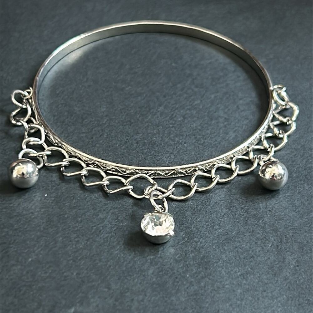 Women’s vintage dainty silver tone crystal chain bangle‎ bracelet one size
